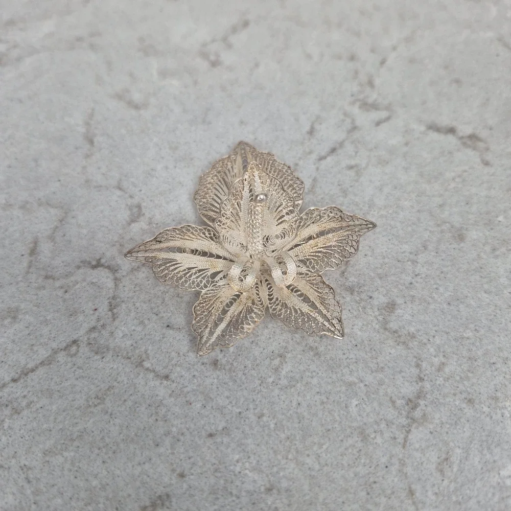 Unbranded Brooch 925 Sterling Silver Filigree Orchid Flower OS Silver Women